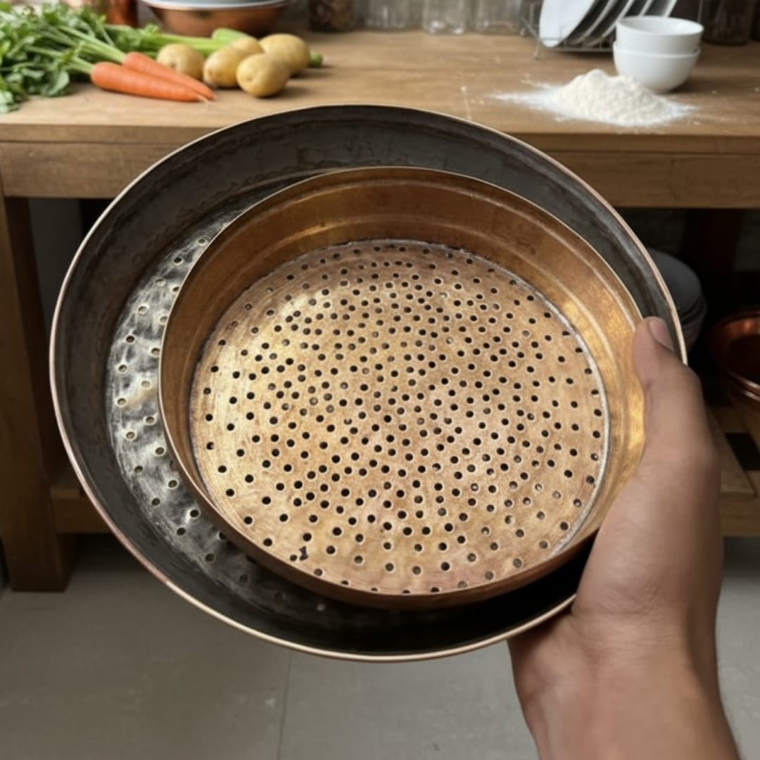 1986 Antique Brass Colanders (Set of Two) | Perforated Brass Strainers