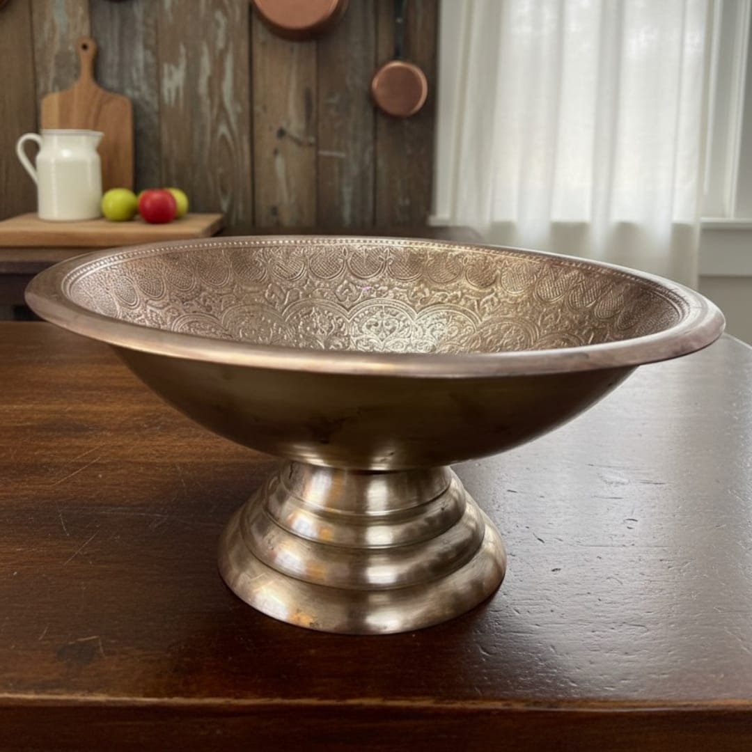 1987 Antique Brass Engraved Decor Bowls | Traditional Brass Display Bowls