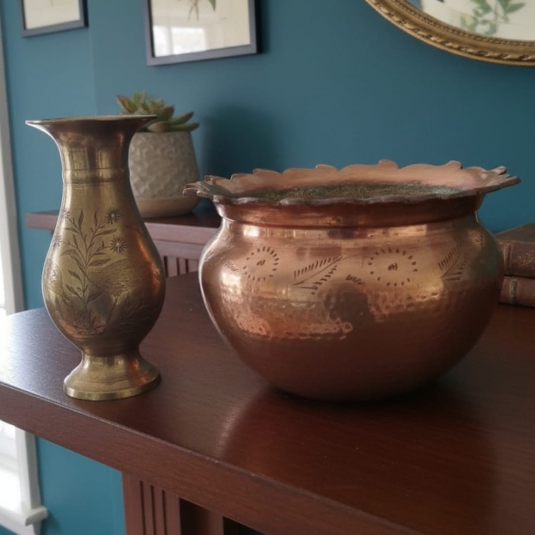 1986 Antique Brass Planters in Pair | Traditional Brass Plant Holders