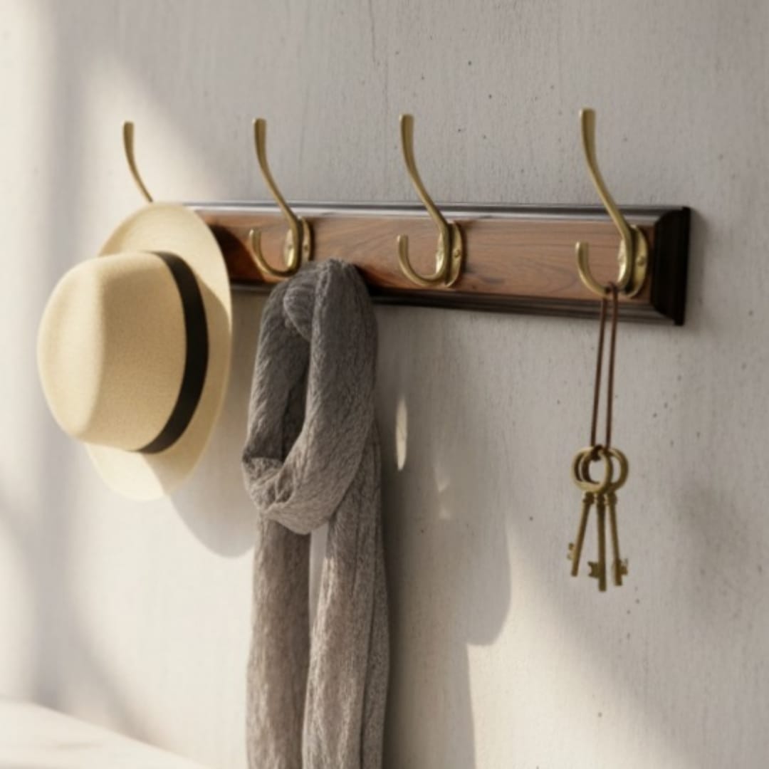 1991 Vintage Teakwood Wall Hanger with Brass Hook | Wooden Wall Storage Hook