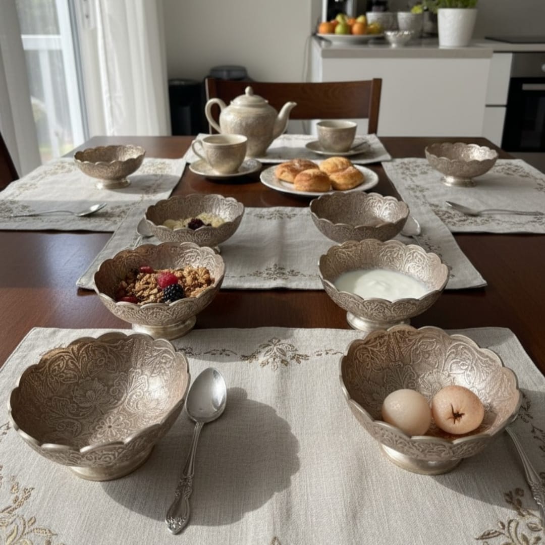 1989 Antique Brass Silver-Coated Engraved Decor Bowls Set of 6 | Decorative Brass Bowls