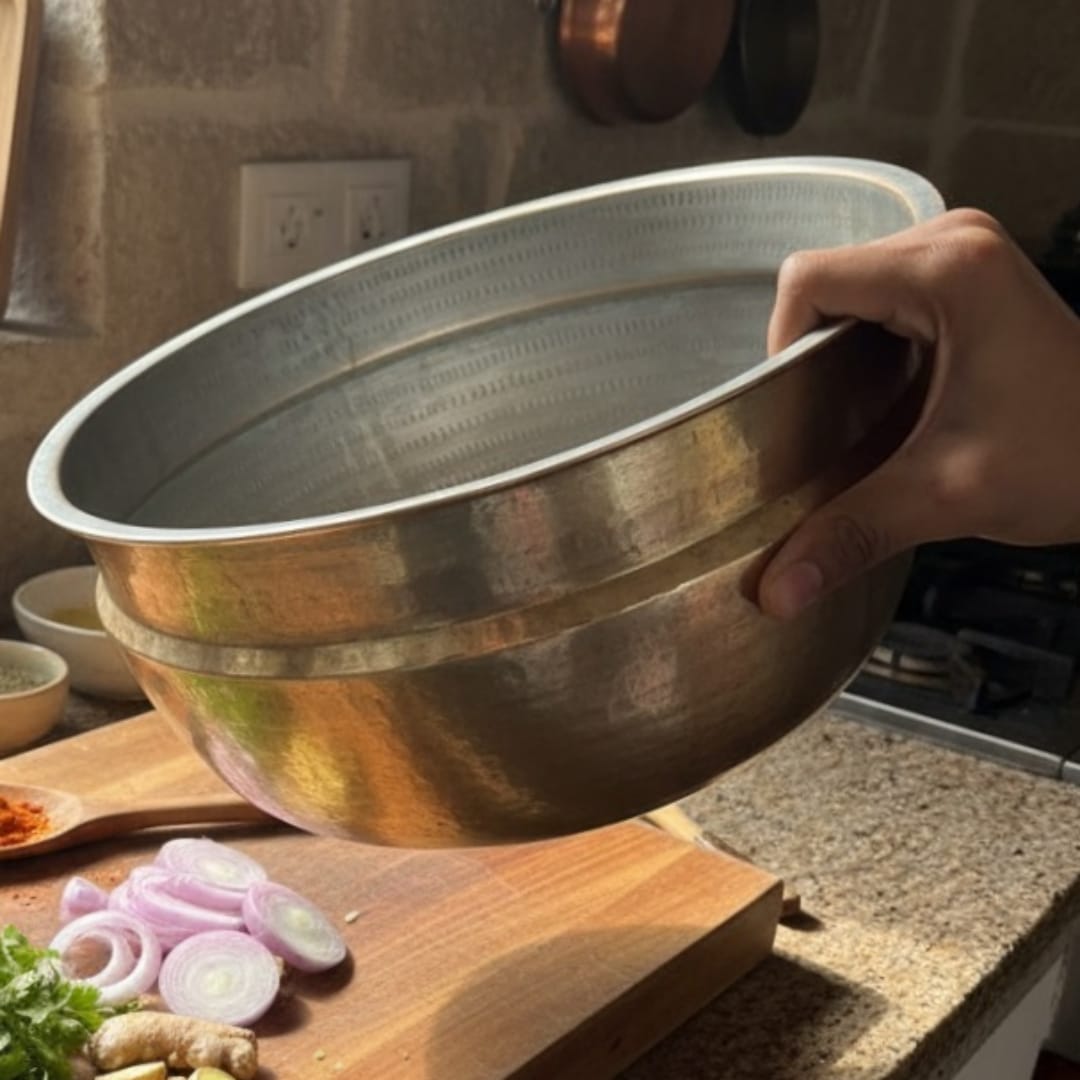1984 Antique Brass Large Cooking Bowl with Ladle | Traditional Brass Cooking Vessel