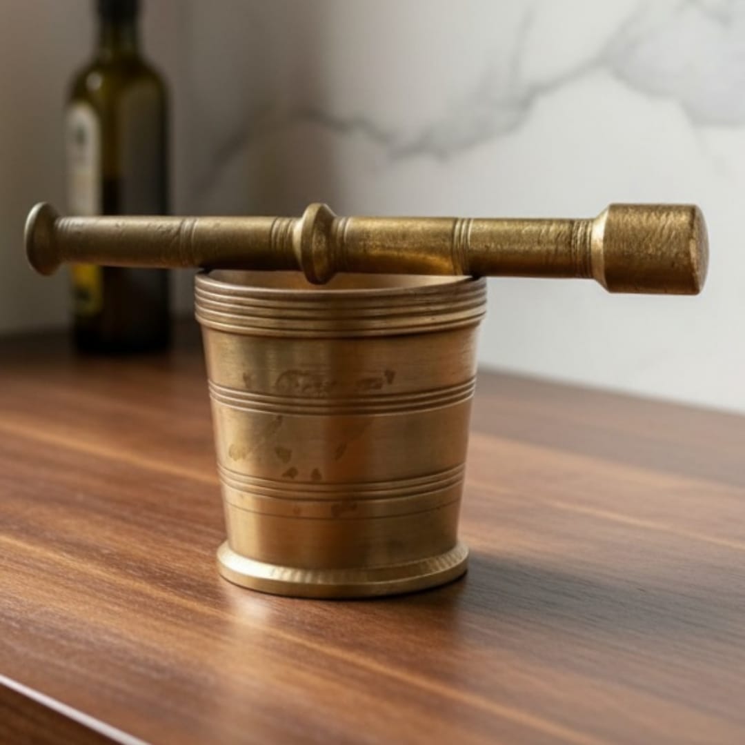 1985 Antique Brass Khalbatta with Batata | Traditional Brass Grinding Tool