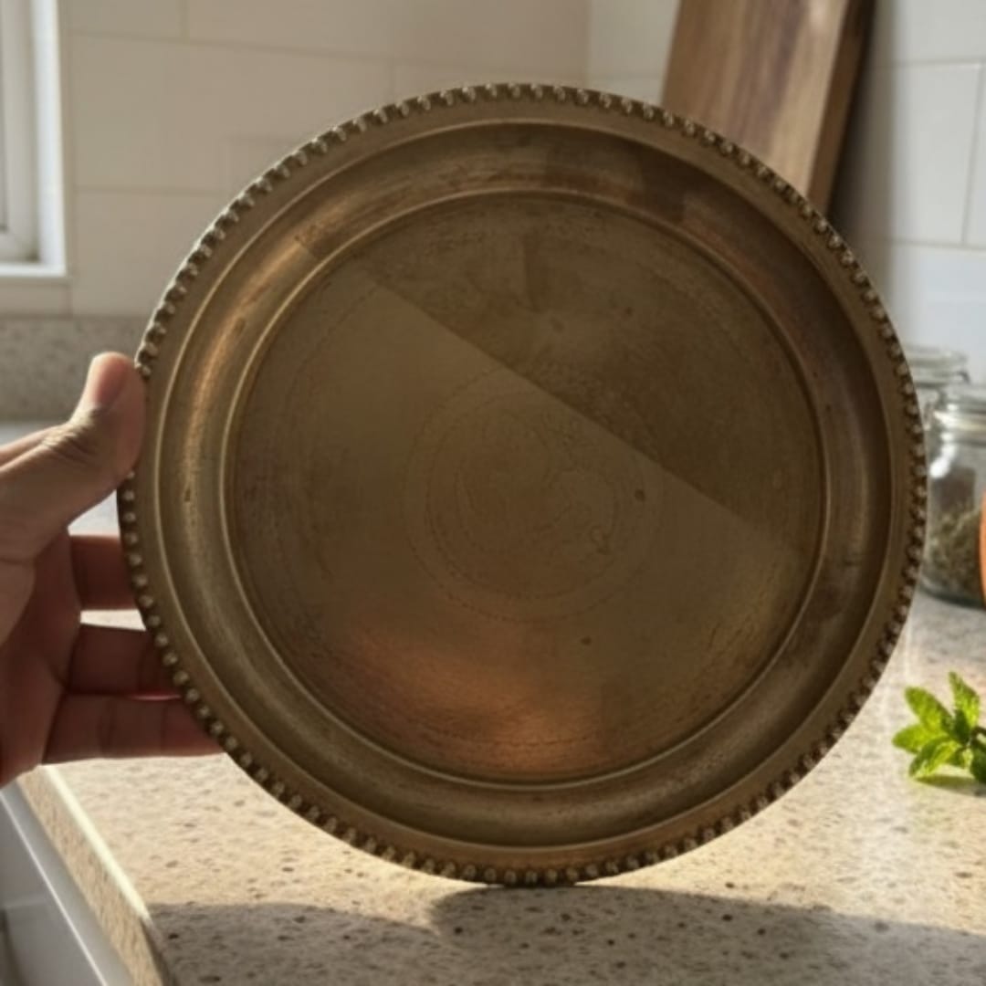 1987 Antique Brass Plates with Ornated Borders in Pair | Traditional Brass Table Plates