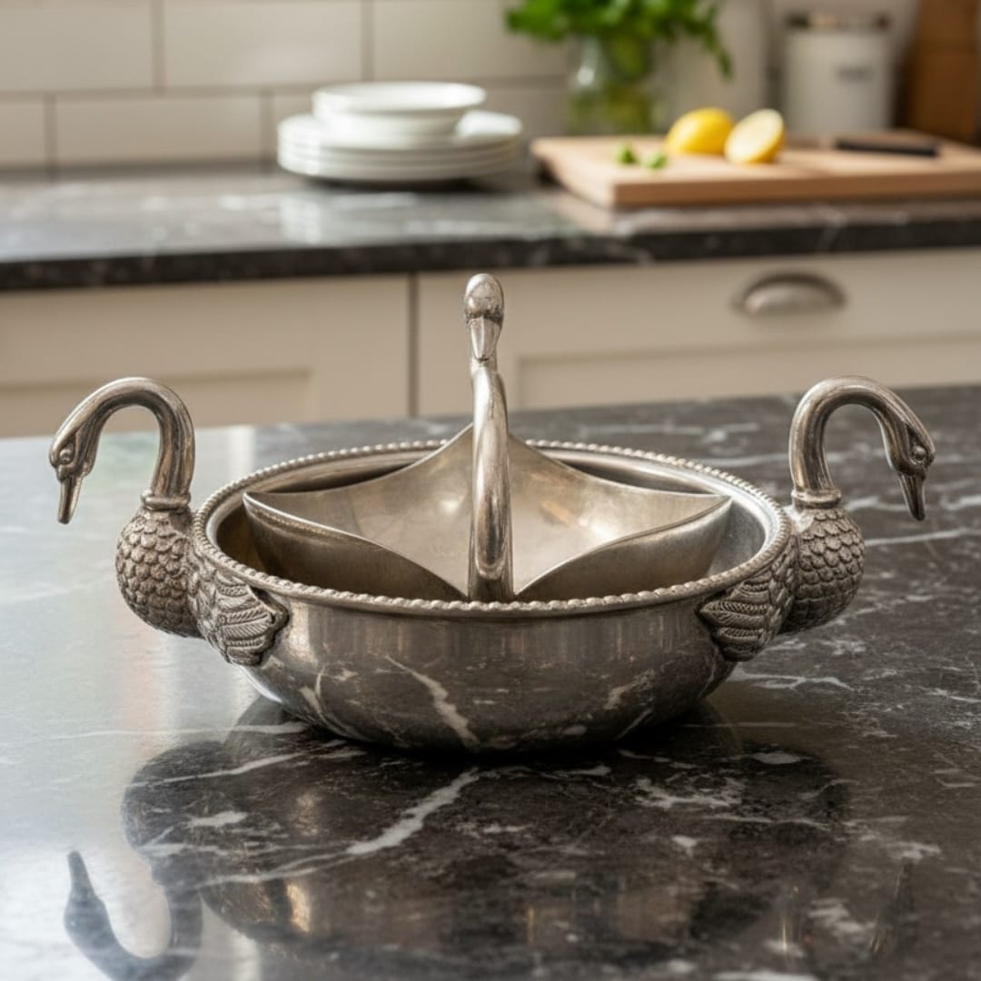 1986 Antique Brass Silver-Coated Serving Bowls with Swan Handles in Pair | Decorative Brass Serving Bowls