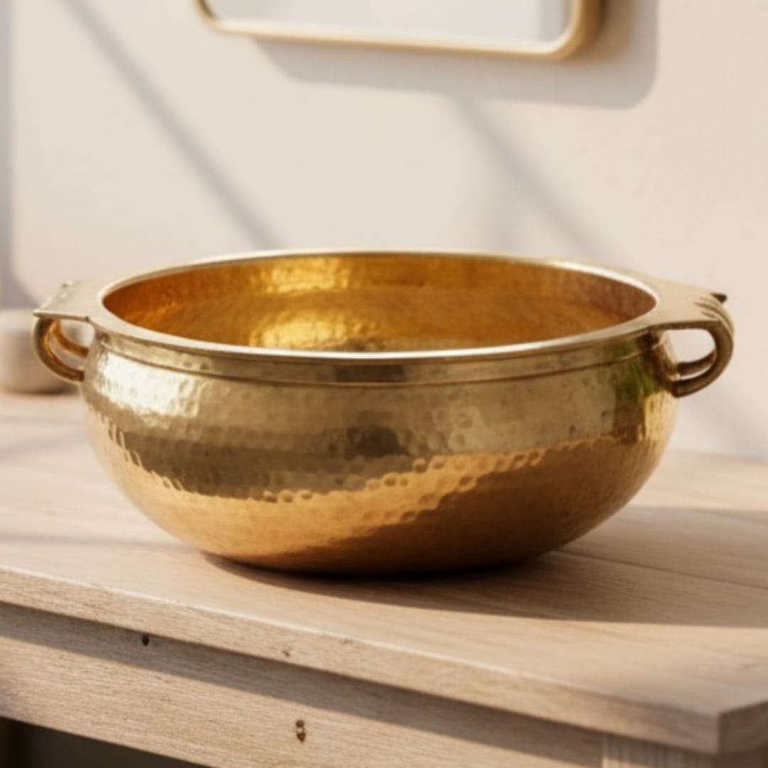 1992 Antique Brass Urli with Side Handles | Large Brass Decorative Bowl