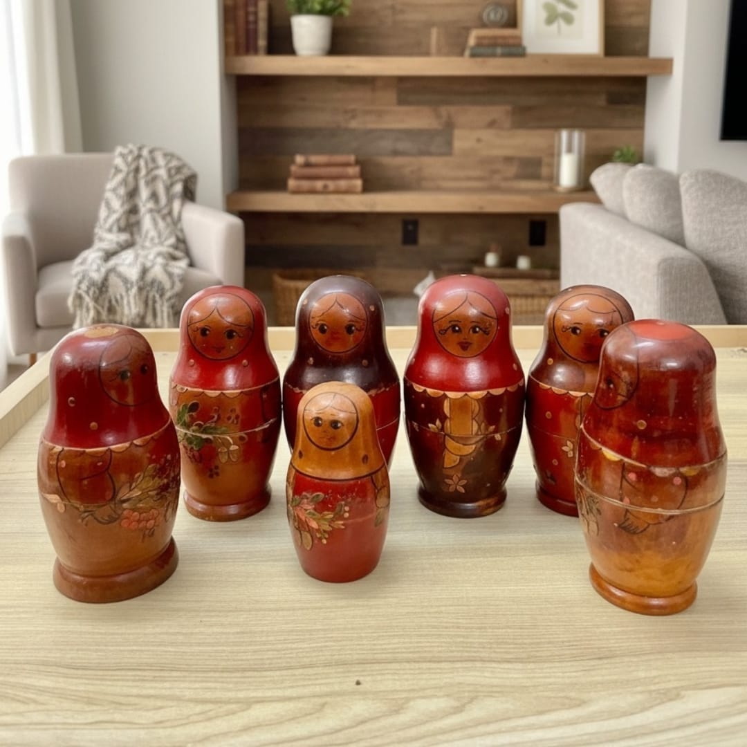 1990 Antique Wooden Doll Set | Hand-Turned Wooden Decorative Figures