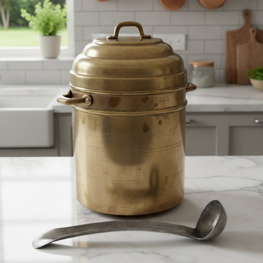 1975 Antique Brass Steamer with Ladle | Large Brass Cooking Vessel
