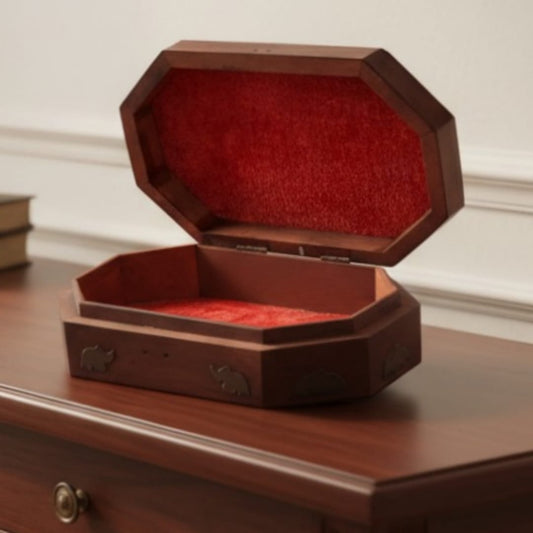 1978 Antique Teakwood Engraved Storage Box | Elephant Motif Wooden Box