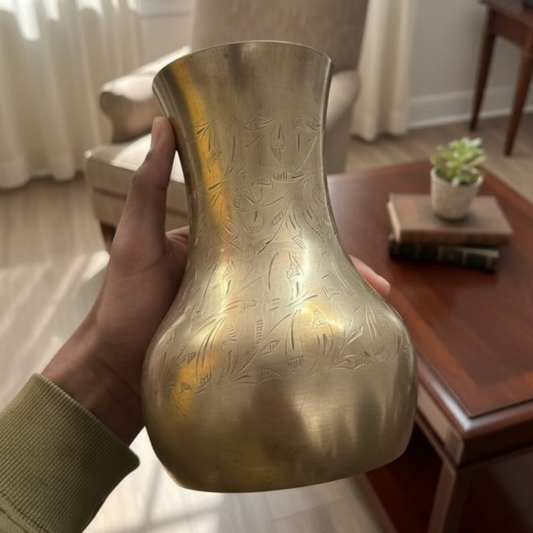 1984 Antique Brass Engraved Vase | Decorative Brass Table Vase
