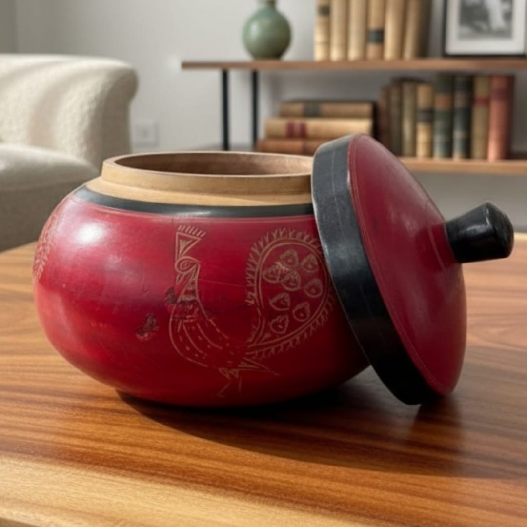 1974 Antique Wooden Peacock Design Box | Decorative Wooden Storage Box