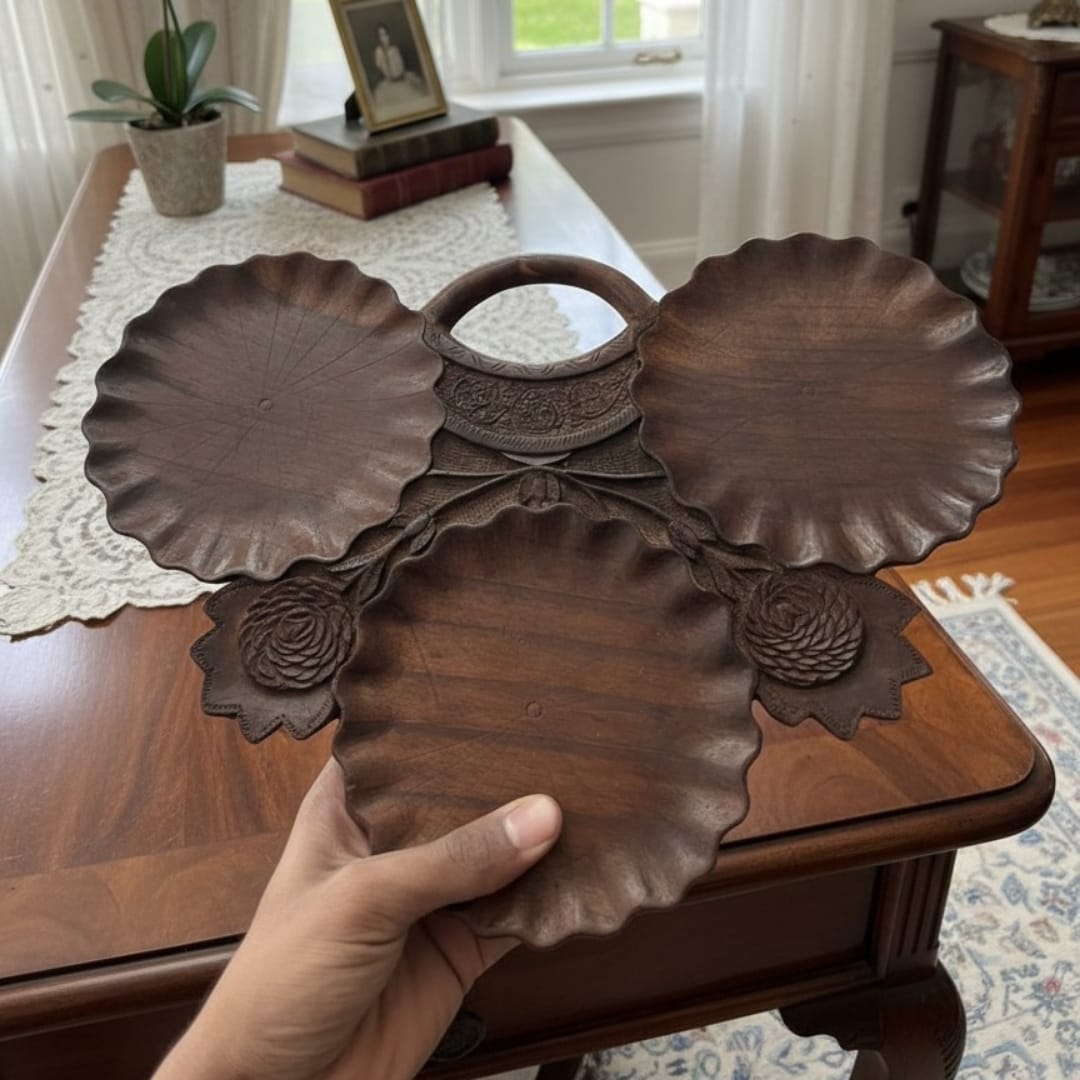 1976 Antique Rosewood Engraved Tray | Solid Wood Decorative Serving Tray