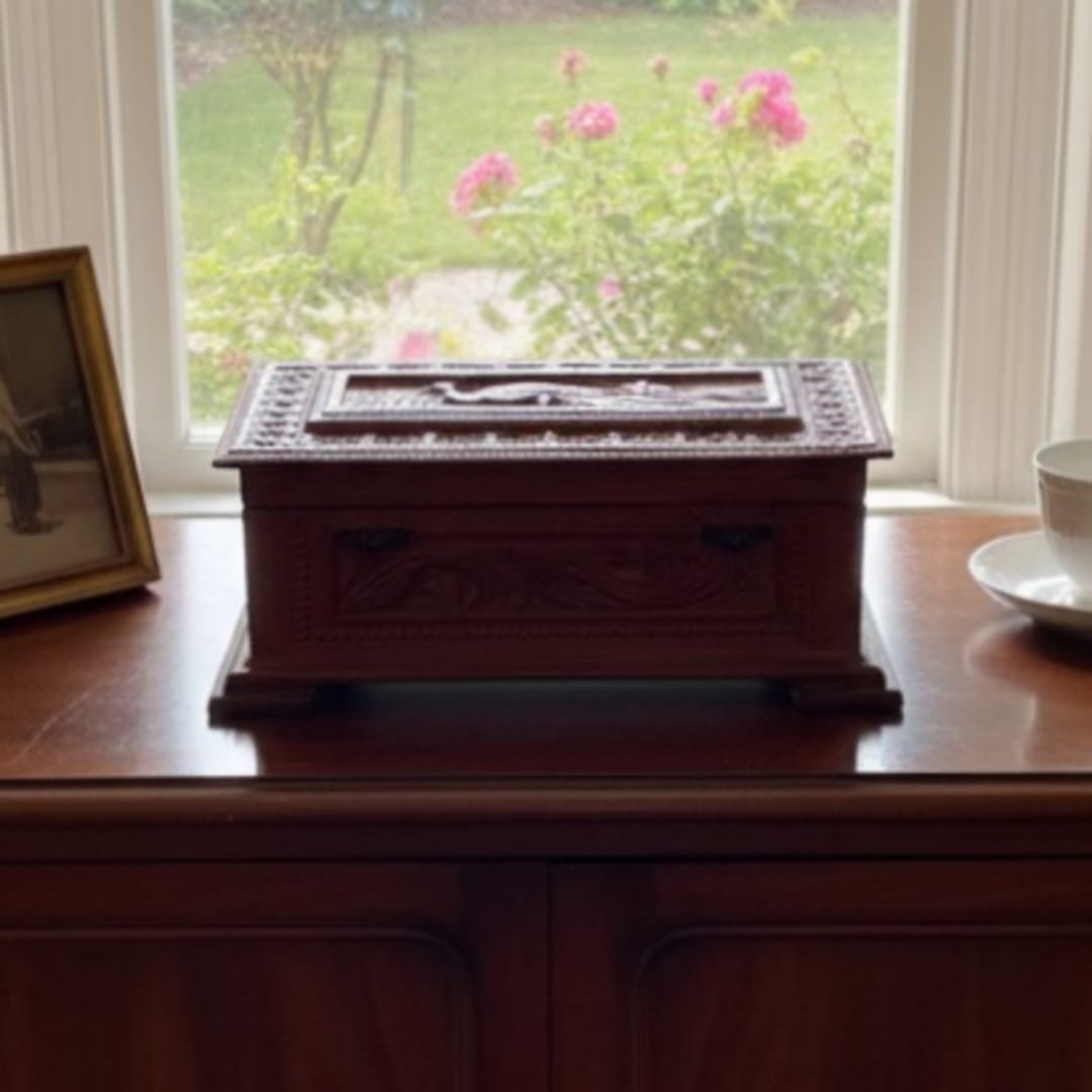 1984 Antique English Wood Chinese Design Box | Decorative Storage Box