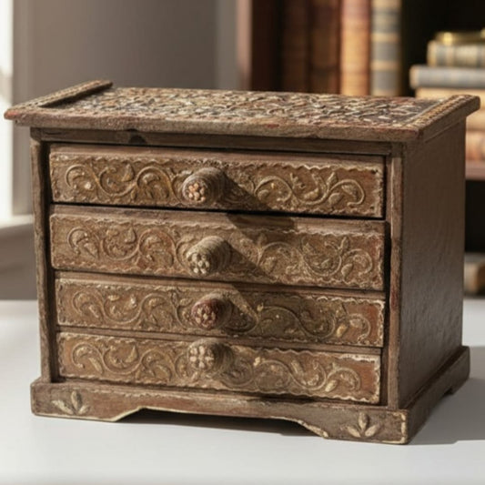 1975 Antique Teakwood Engraved Drawer | Compact Storage & Display Accent