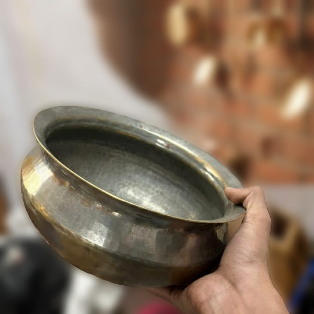 1981 Antique Brass Cooking Bowl with Lid & Ladle | Large Brass Cookware Set - Bombay Antiques