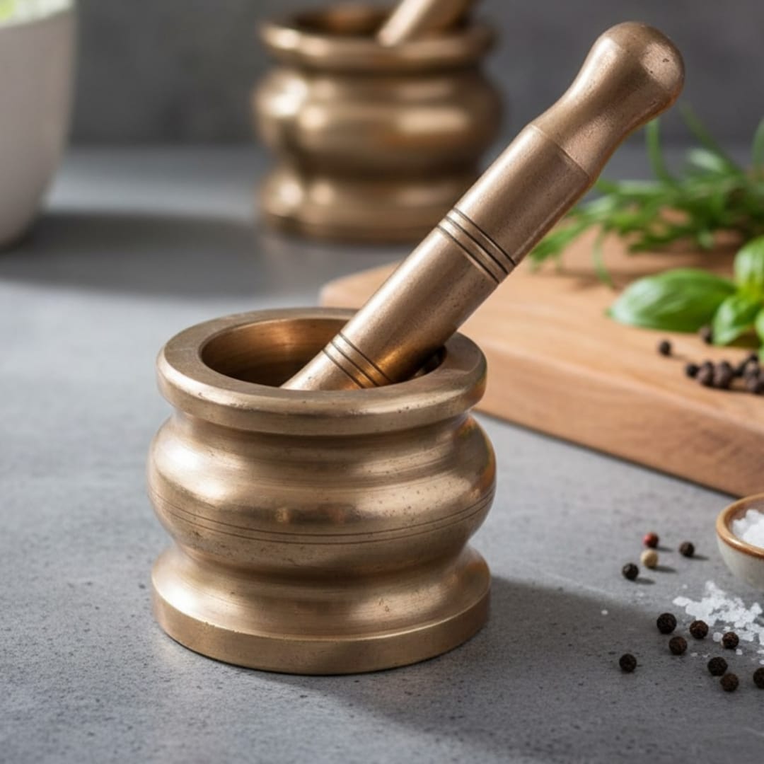 1974 Antique Brass Small Khalbatta | Traditional Grinding Tool - Bombay Antiques