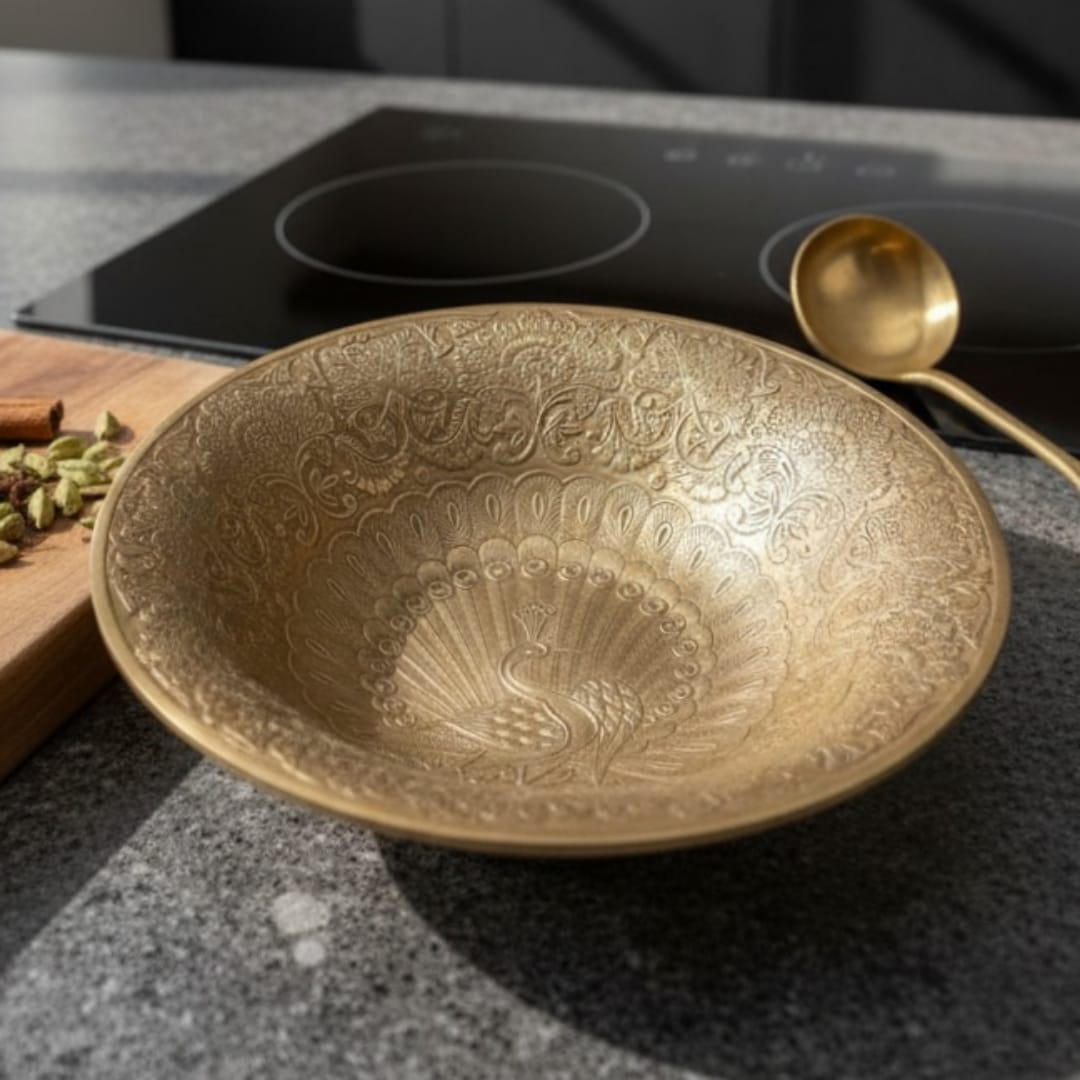 1983 Antique Brass Engraved Decor & Serving Bowl Set | Large Graduated Brass Bowls - Bombay Antiques