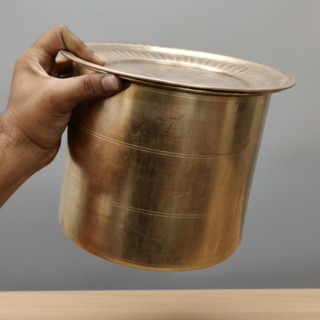 1991 Antique Brass Cooking Pot with Lid, Ladle & Stand | Solid Traditional Kitchen Vessel - Bombay Antiques