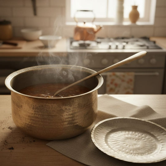 1986 Antique Brass Deg with Lid, Ladle & Stand 3.5 Litre | Compact Brass Cooking Vessel with Elevated Base - Bombay Antiques