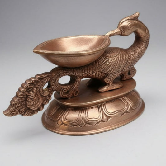 1977 Antique Brass Engraved Peacock Diya | Sculpted Oil Lamp with Detailed Base - Bombay Antiques
