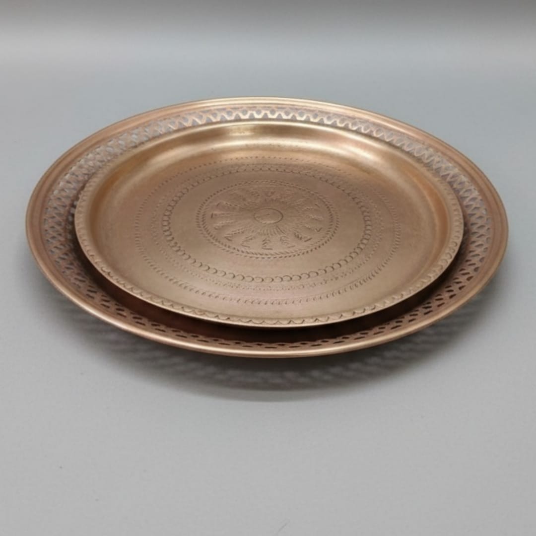 1982 Antique Brass Engraved Décor Plates in Pair | Dual Size Wall Display Set - Bombay Antiques