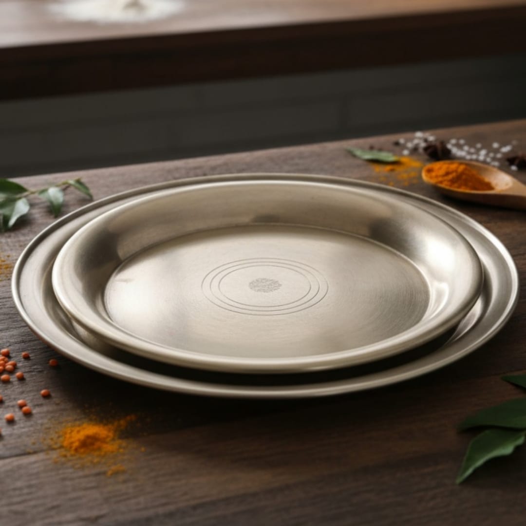 1975 Antique Brass Décor Plates in Pair | Dual Size Engraved Wall Display Plates - Bombay Antiques