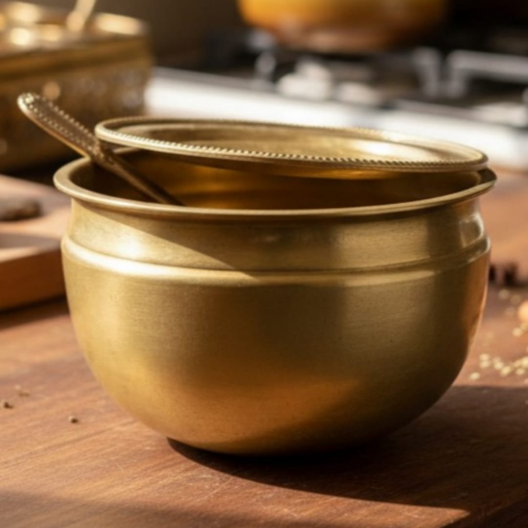 1976 Antique Bronze Cooking Bowl with Lid & Spoon | Compact 500 ml Covered Cookware