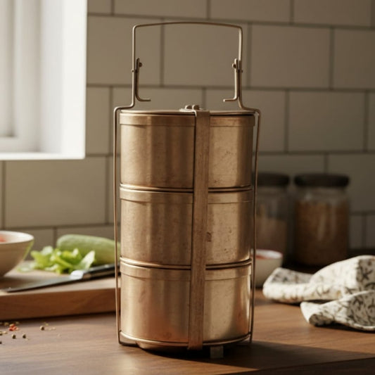 1988 Antique Brass Heavy Tiffin | Multi-Tier Brass Storage & Serving Container - Bombay Antiques