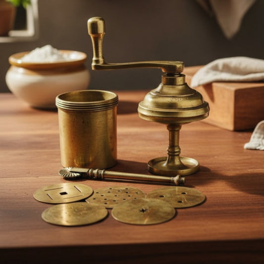 Antique Peetal Registered No 4 Chakali Maker | Premium Brass Kitchen Press | Made in 1954 - Bombay Antiques