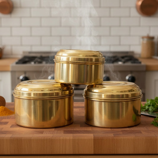 Brand New Brass Laddu box Set of 3 - Storage - Bombay Antiques