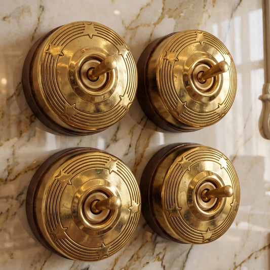 Vintage Brass Star Engraved Toggle Switch Set | Round Decorative Wall Light Switch - Bombay Antiques