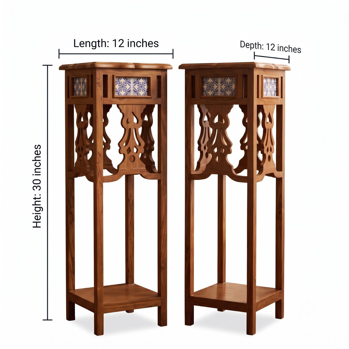 Antique Sagwan Teak Wood Set of 2 Jali-Carved Pedestal Stands | Solid Teak Tile-Inset Plant Stands | Inspired by Indo-Portuguese Design - Bombay Antiques