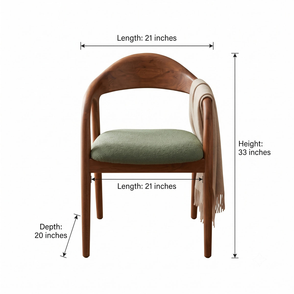 Sagwan Teak Wood Curved Back Upholstered Armchair | Solid Teak Dining & Desk Accent Chair with Sage Green Fabric Cushion | Inspired by Mid-Century Scandinavian Organic Modern Design Movement