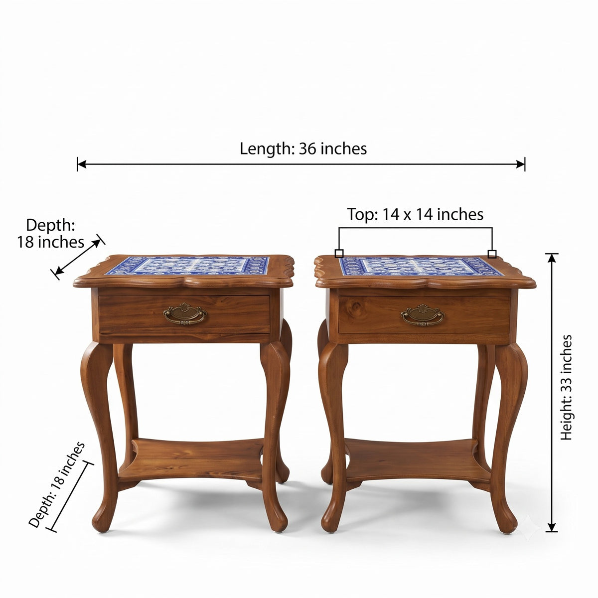 Antique Sagwan Teak Wood Set of 2 Tile-Top Side Tables | Solid Teak Goan Colonial End Tables | Inspired by Indo-Portuguese Design - Bombay Antiques