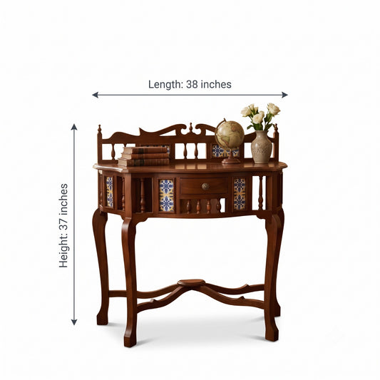 Antique Sagwan Teak Wood Tile-Inlay Vanity Console with Gallery Back | Solid Teak Goan Colonial Writing Table | Inspired by Indo-Portuguese Design - Bombay Antiques