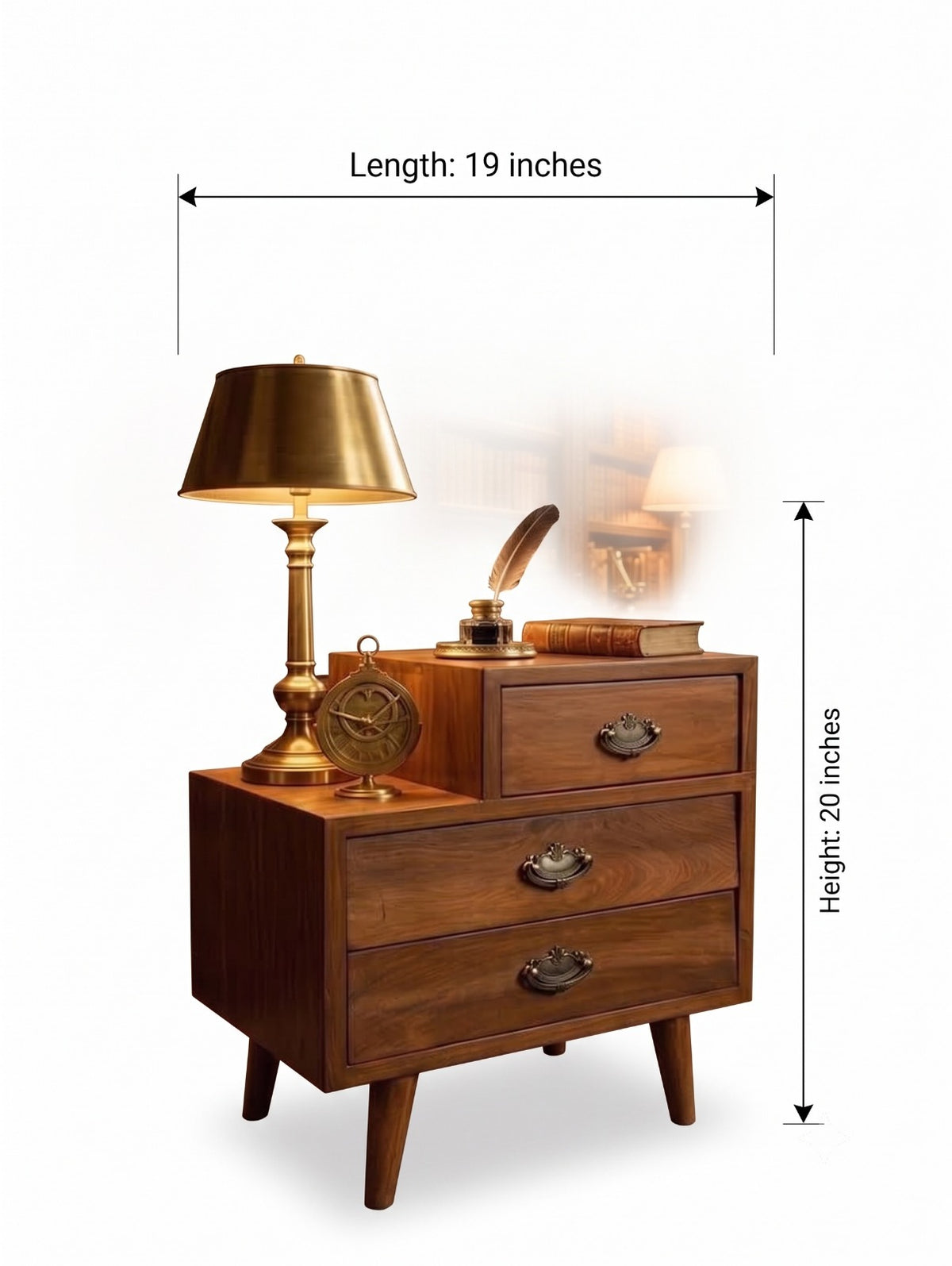 Sagwan Teak Wood Mid-Century 3 Drawer Bedside Chest | Solid Teak Brass Handle Nightstand | Inspired by 1950s Scandinavian Mid-Century Design - Bombay Antiques