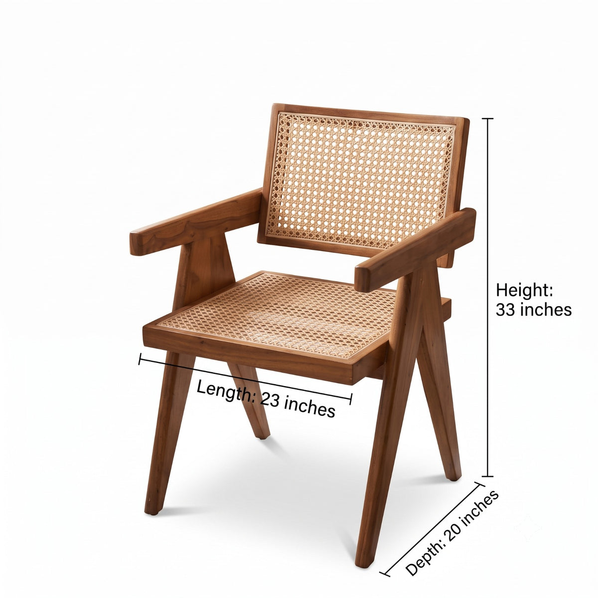 Sagwan Teak Wood Rattan Cane Armchair | Solid Teak Office & Dining Accent Chair with Hand-Woven Cane Seat | Inspired by 1950s Mid-Century Modern Pierre Jeanneret Chandigarh Design Movement
