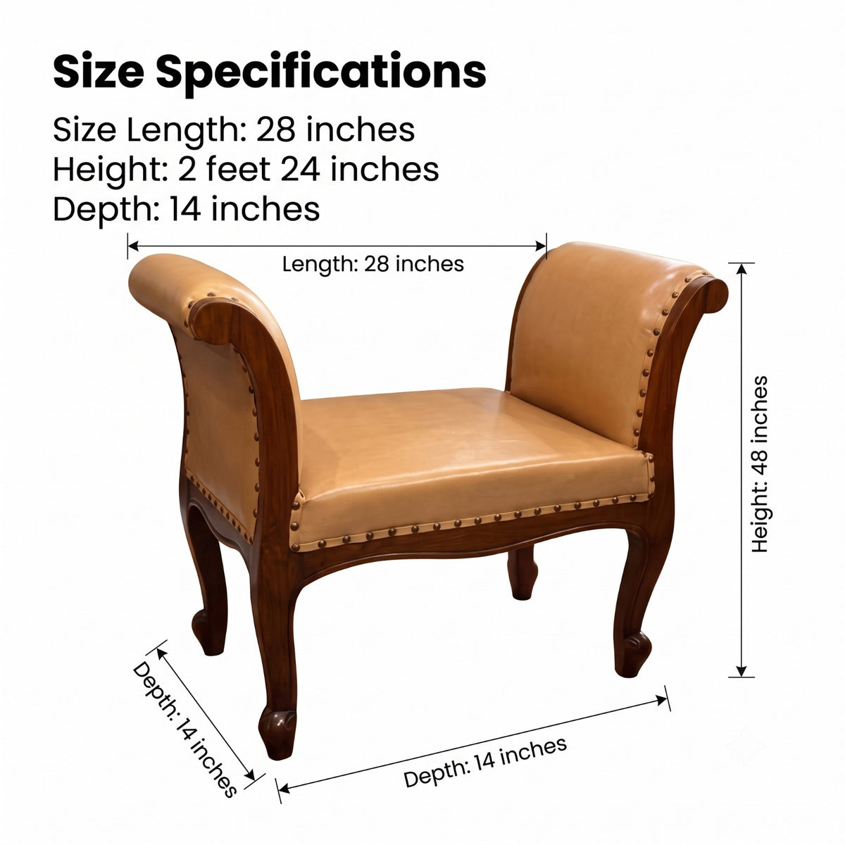 Sagwan Teak Wood Tan Leatherette Window Bench | Solid Teak Rolled-Arm Ottoman Bench with Antique Brass Studs | Inspired by 19th Century Regency & Empire Style
