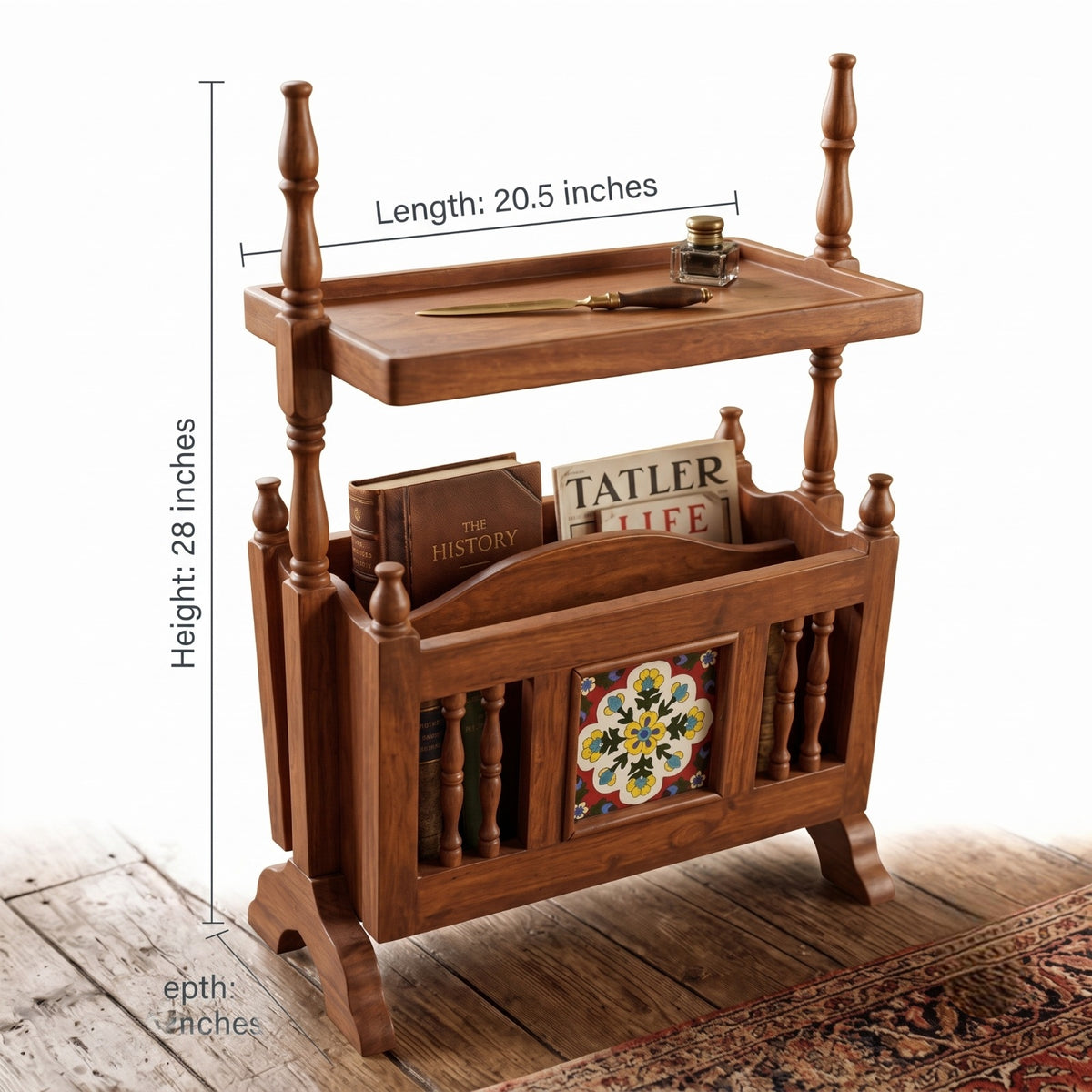 Sagwan Teak Wood Hand-Painted Ceramic Tile Magazine Rack Side Table | Solid Teak Accent Table with Newspaper Holder & Turned Spindles | Inspired by Late 19th Century Victorian & Anglo-Indian Crafts Tradition