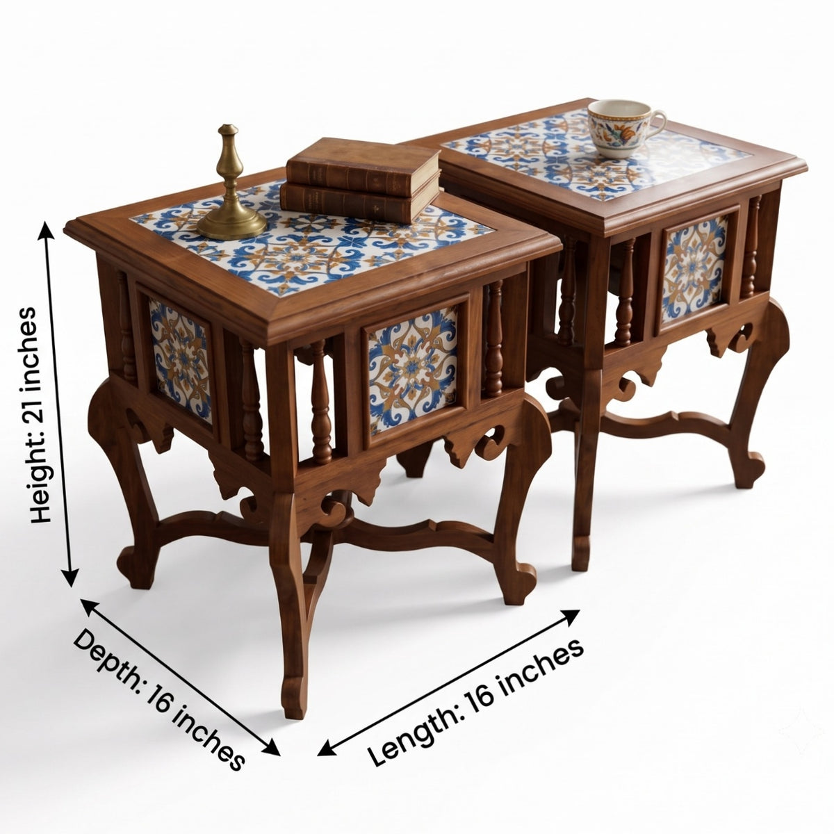 Sagwan Teak Wood Indo-Portuguese Ceramic Tile Side Table | Solid Teak End Table with Hand-Painted Tiles on All Sides and Turned Spindling | Inspired by 19th Century Bombay Antique & Goan Colonial Tradition