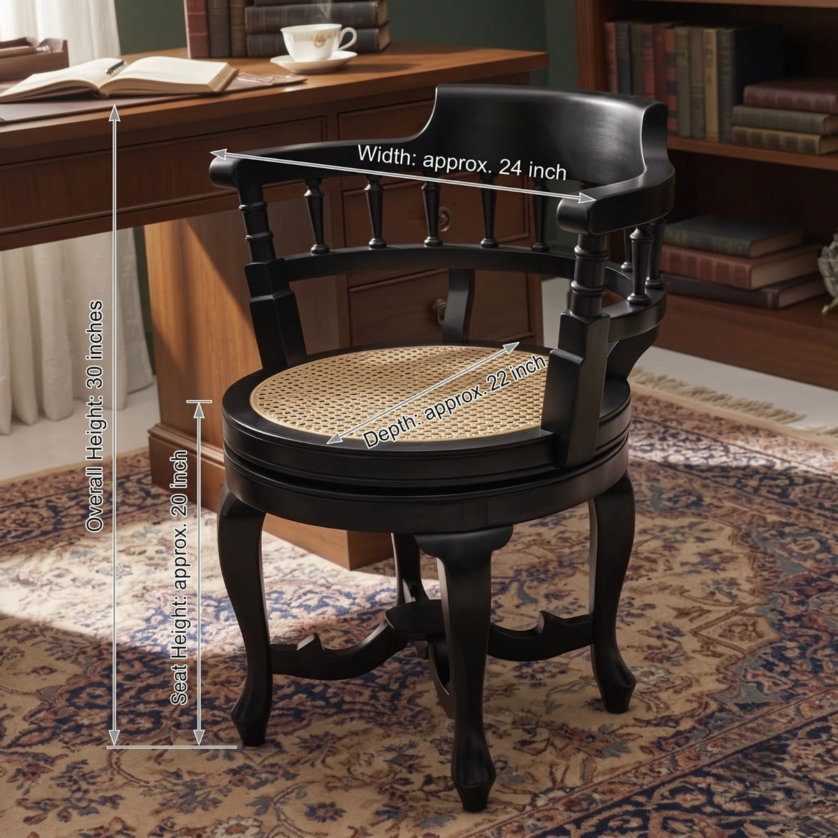 1990 Antique Teakwood Cane Seat Armchair in Black Polish | Wooden Revolving Chair - Bombay Antiques