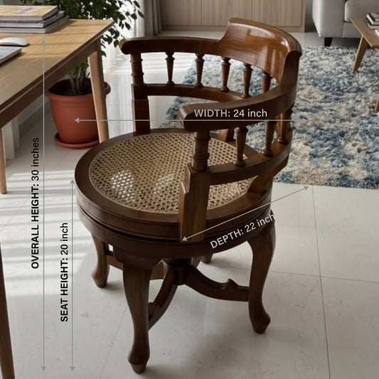 1990 Antique Teakwood Cane Seat Armchair | Wooden Revolving Chair - Bombay Antiques