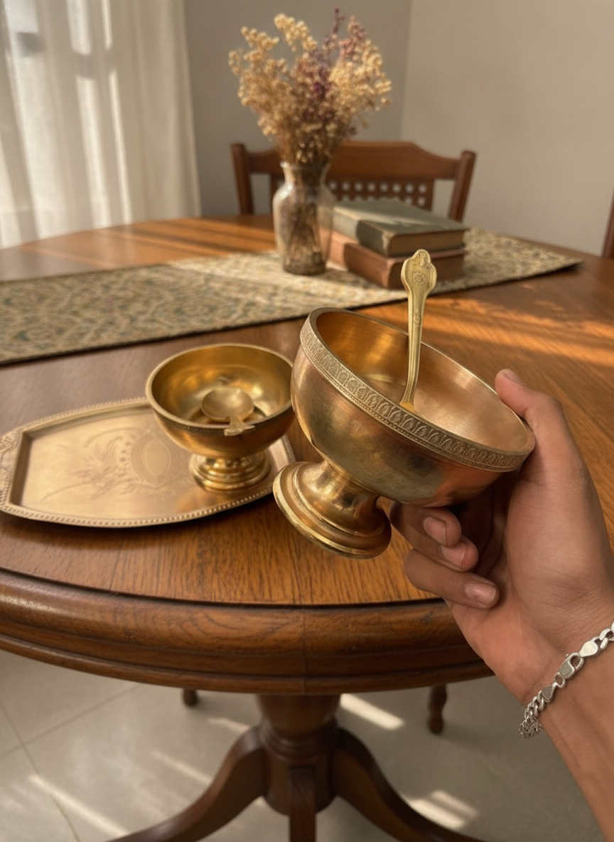 Antique Peetal Dessert Set with Tray | Pure Brass Serving Set | Made in 1971