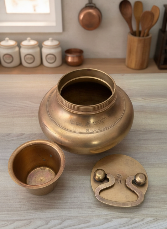 Antique Peetal Gangajal Kalash | Pure Brass Water Vessel | Made in 1955 - Bombay Antiques