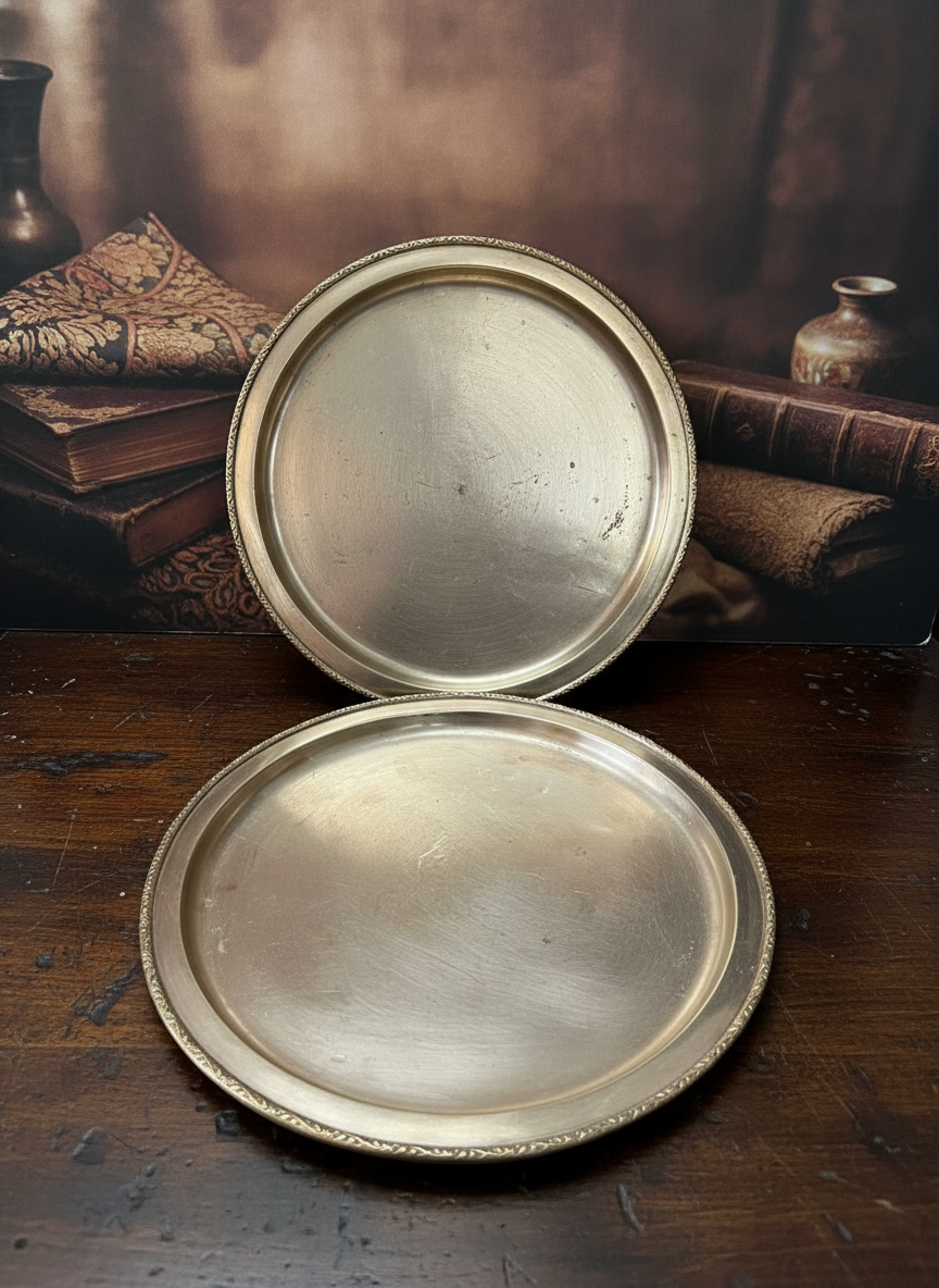 1982 Antique Brass Plate Set | Pair of Elegant Brass Plates