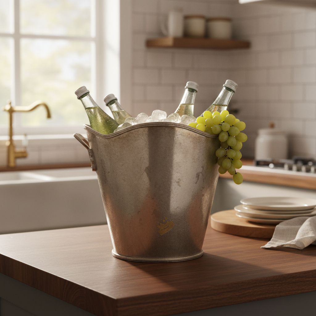 Antique Peetal Silver-Coated Ice Bucket | Silver-Coated Brass Barware | Made in 1970