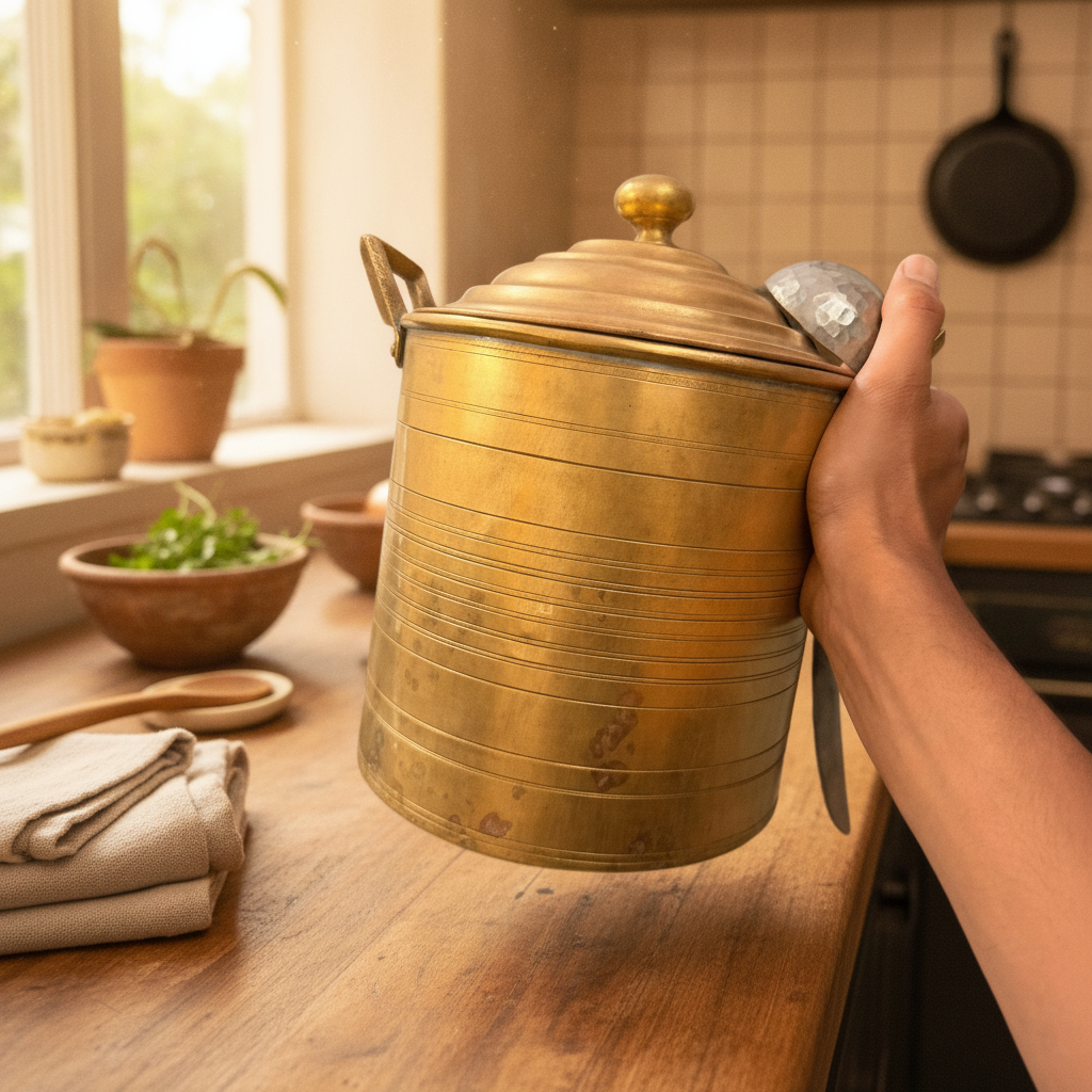 Antique Peetal Long Cooking Bowl with Lid & Ladle | Pure Brass Serving Bowl | Made in 1965