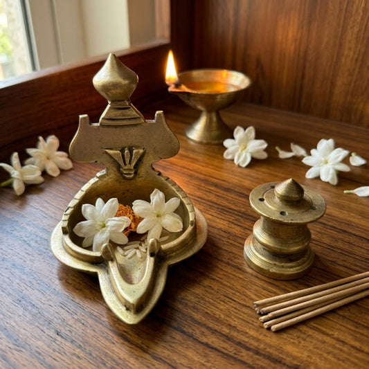 Antique Brass Kumkum Holder & Incense Stand Set | Traditional Pure Brass Pooja Decor | Made in 1980