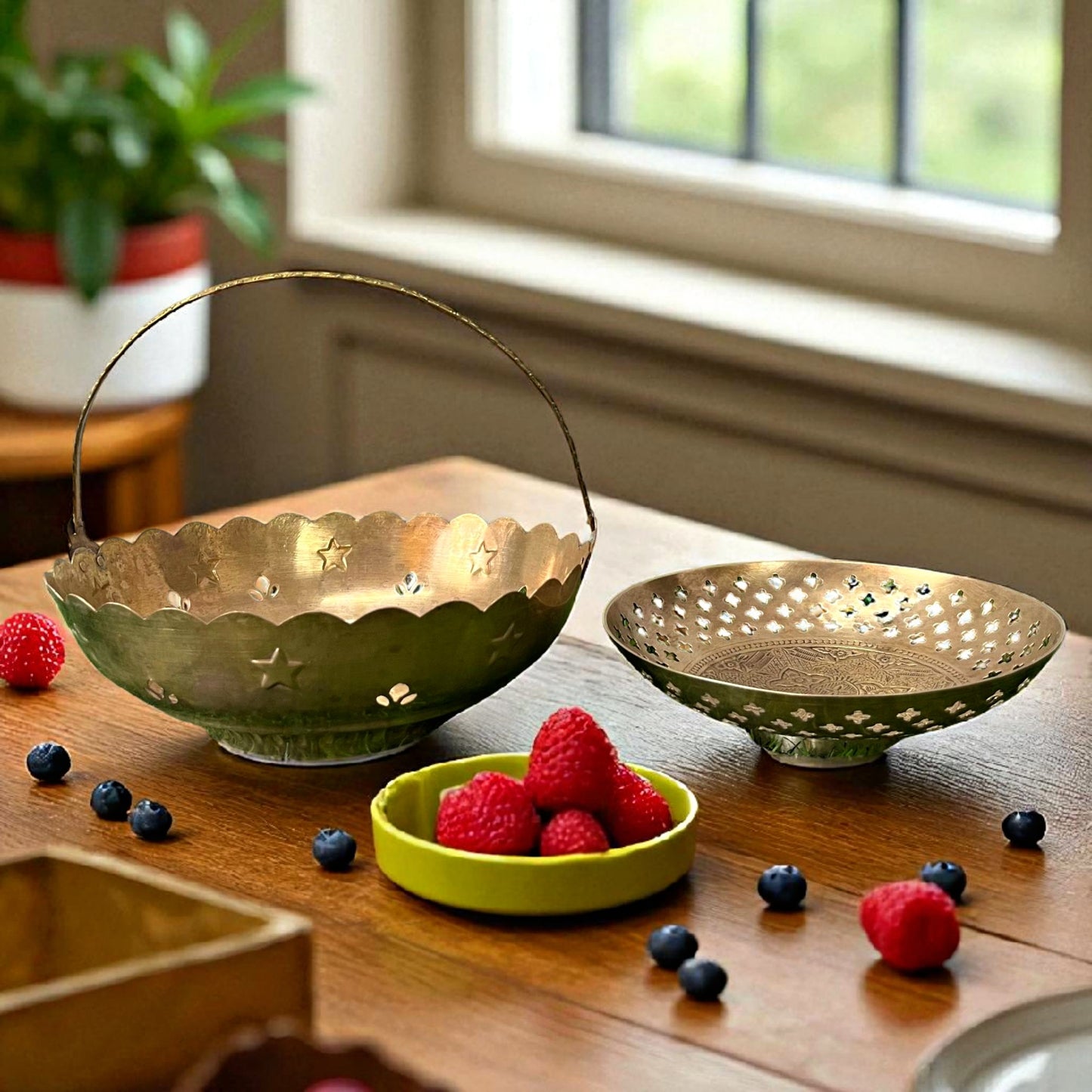 Antique Brass Fruit Basket and Plate | Pital Traditional Tableware