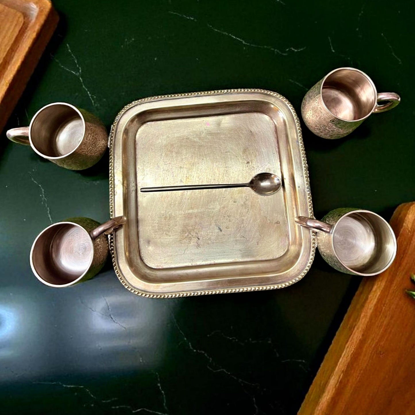 Antique Brass Mug Set of 4 with Tray & Spoons | Traditional Serveware Collection